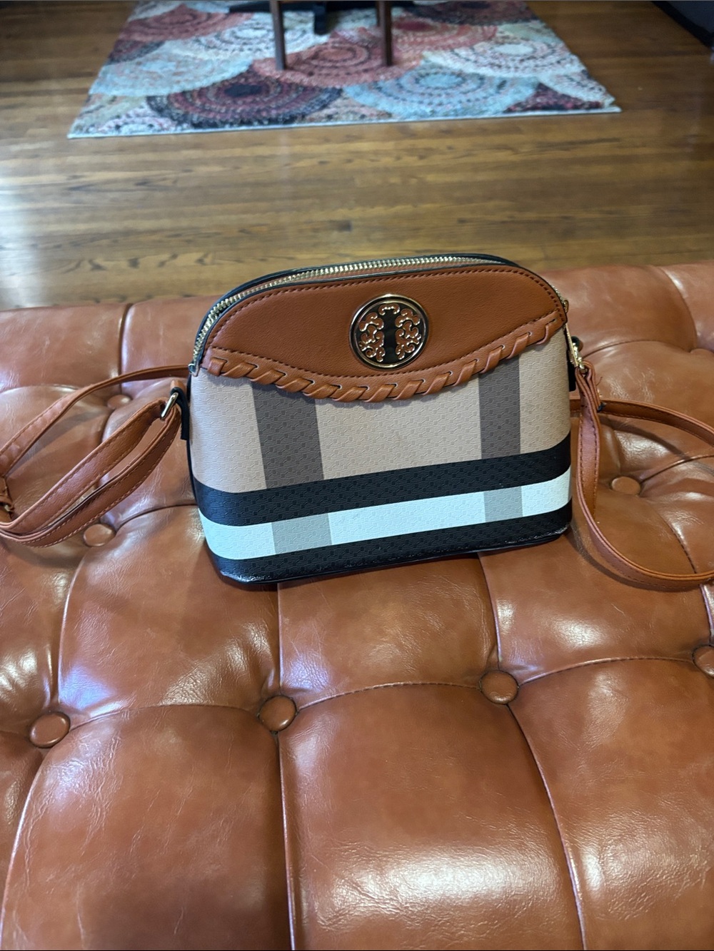 Women’s Tan and Black Crossbody Bag with Stripe Detail